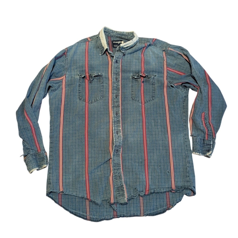 Vintage Wrangler Distressed Striped Shirt Made in USA Blue Red 17 x 35 Thrashed